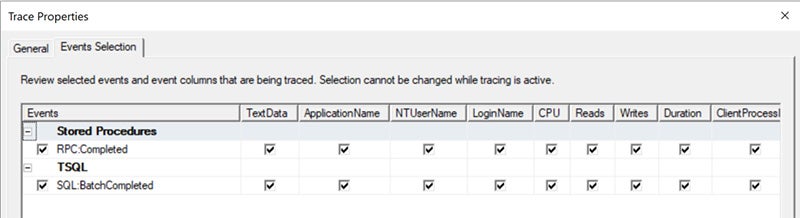 Trace Properties screen