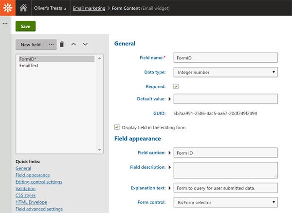 Kentico Admin form content screen