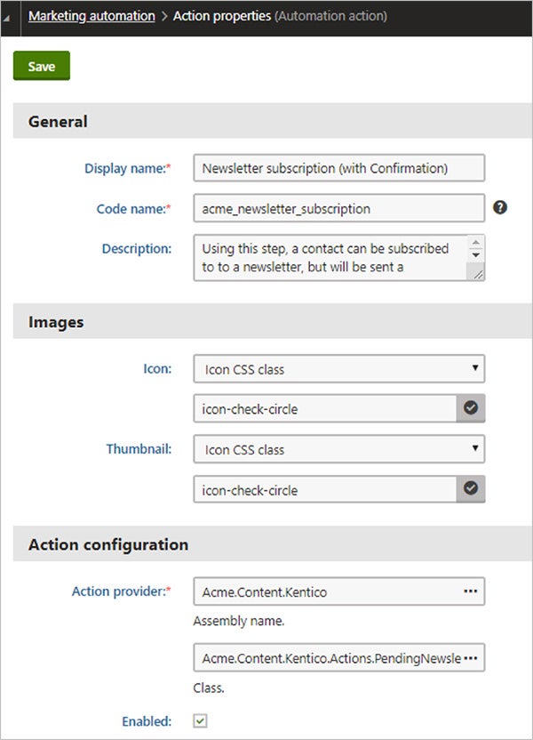 marketing automation action properties in Kentico admin